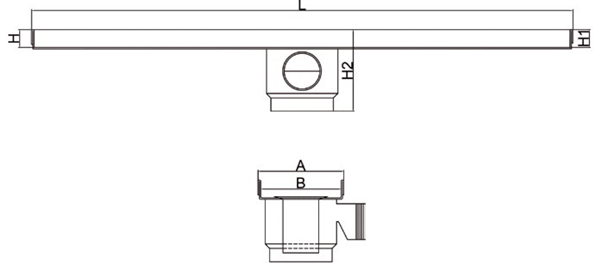 Canaleta y rejilla inoxidable salida horizontal central con sifón para platos de ducha de obra
